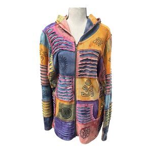 Rising International Boho Patchwork Hoodie XL – Nepal Cotton Festival Jacket